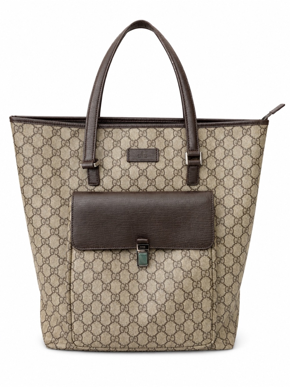 Vintage Gucci Beige GG Supreme Canvas Tote with Dark Brown Leather Trim